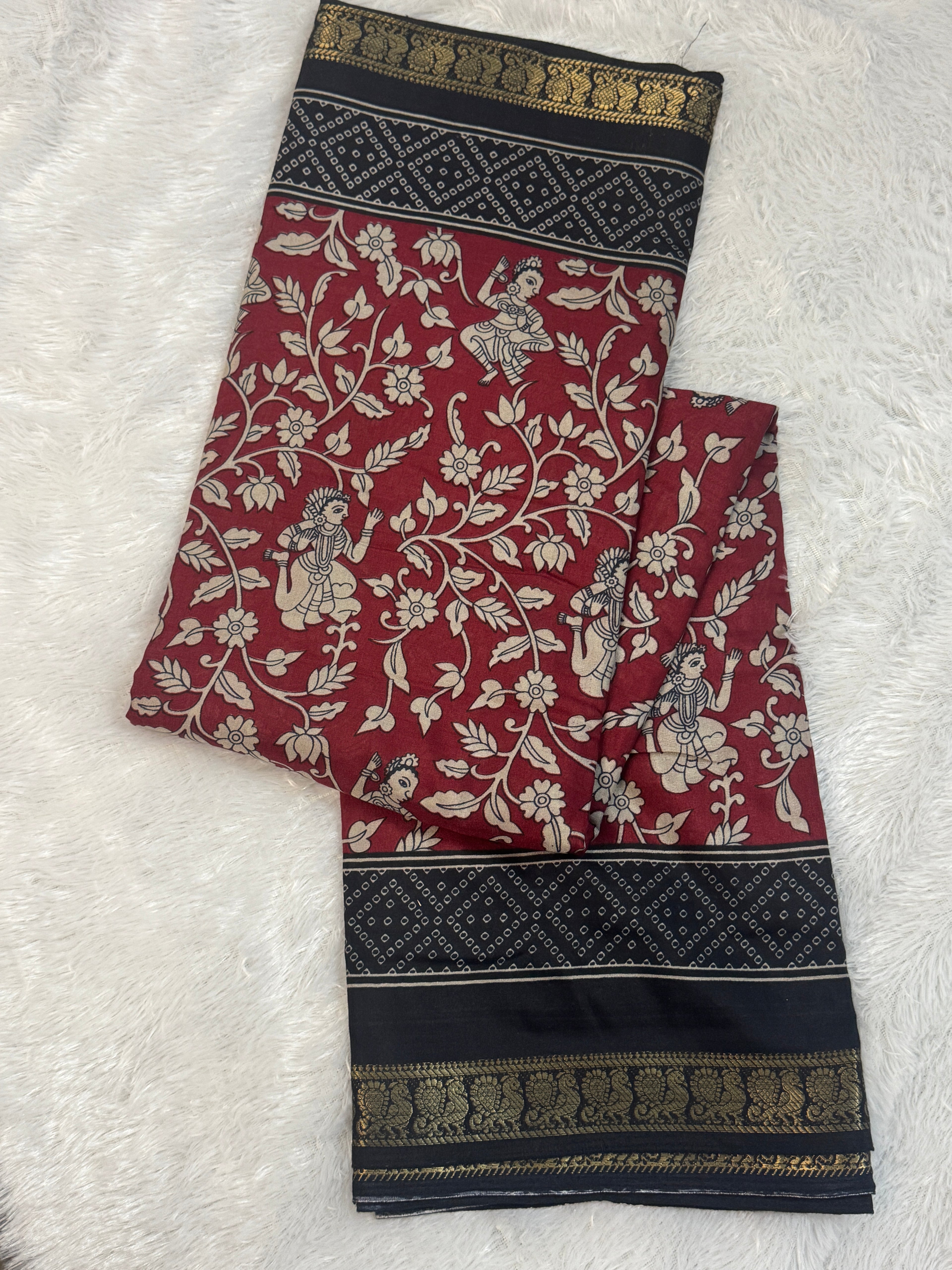 Mangalagiri Soft Silk Saree in Jet Black and Maroon with Zari Border