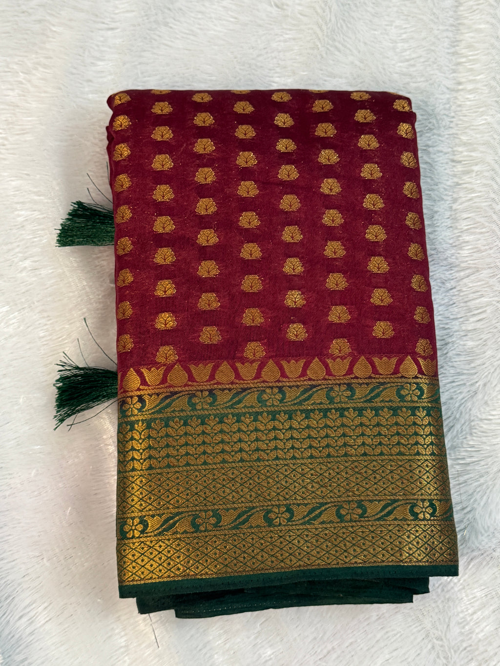 Deep Maroon & Bottle Green Gold Zari Semi-Banarasi Silk Blend Saree
