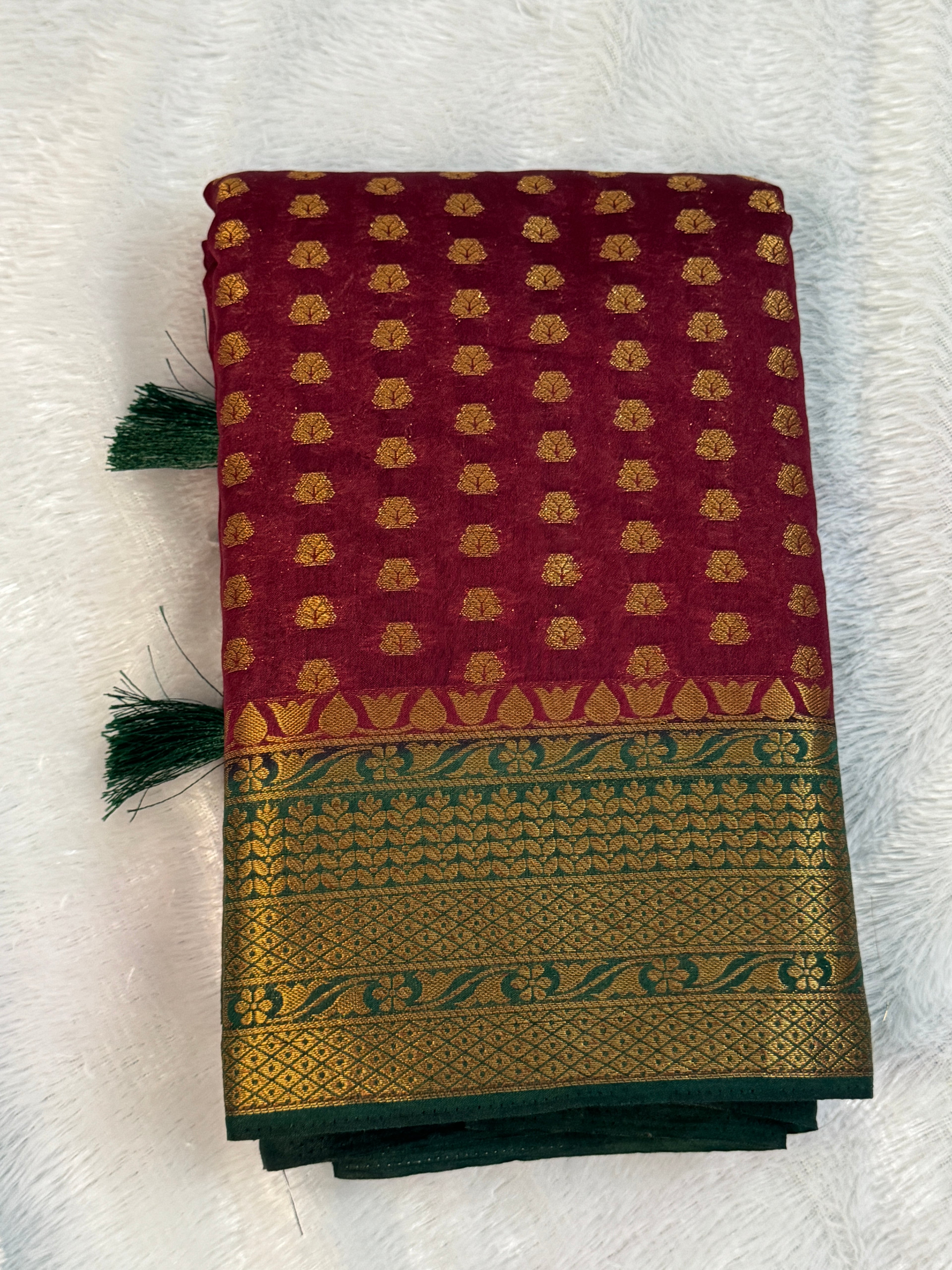 Deep Maroon & Bottle Green Gold Zari Semi-Banarasi Silk Blend Saree