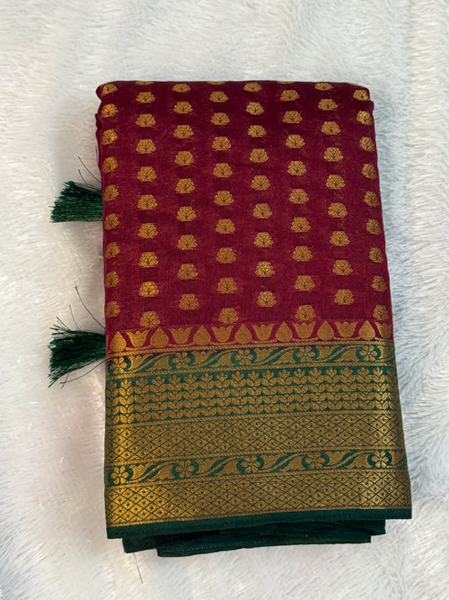 Deep Maroon & Bottle Green Gold Zari Semi-Banarasi Silk Blend Saree