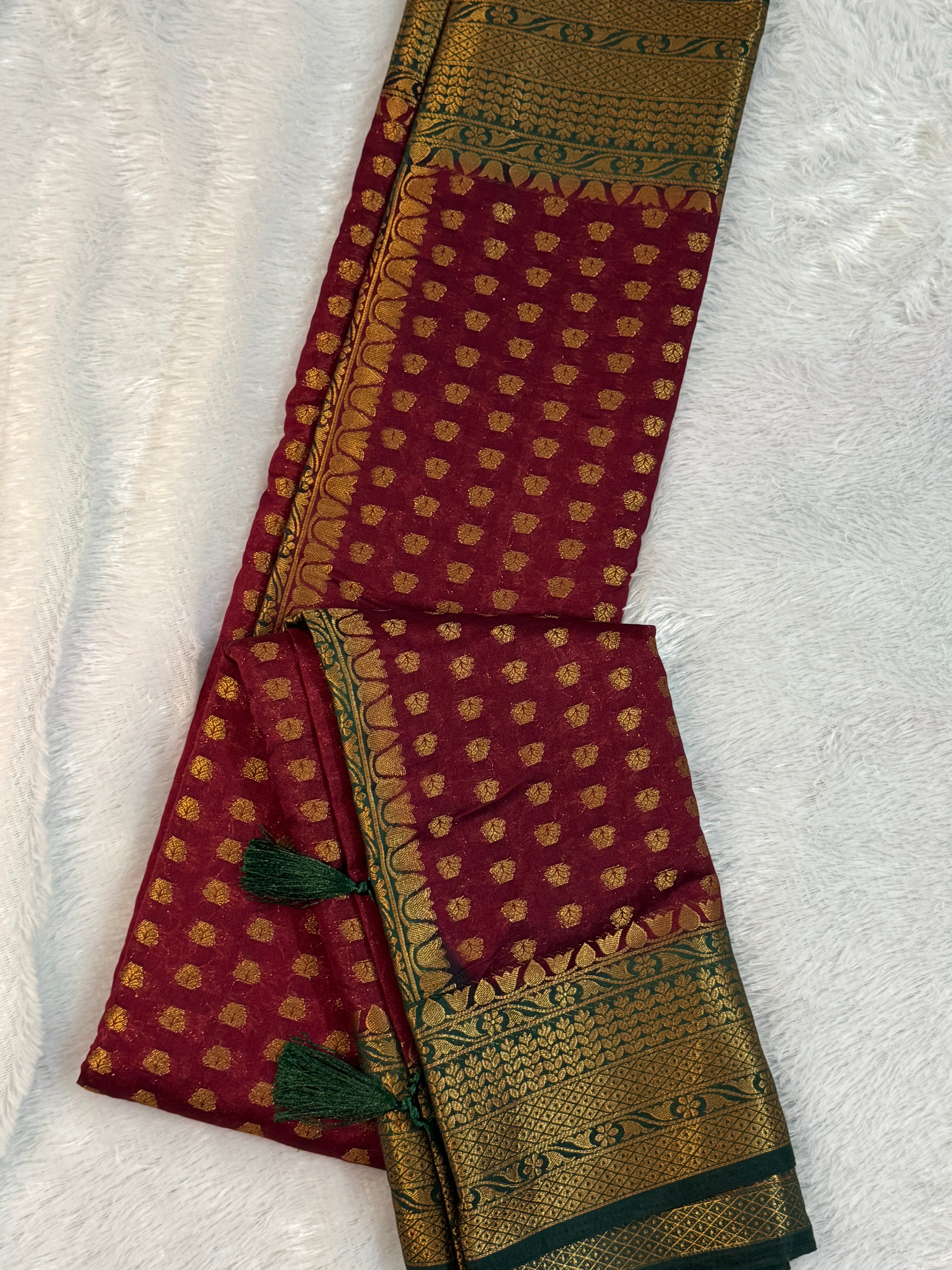 Deep Maroon & Bottle Green Gold Zari Semi-Banarasi Silk Blend Saree