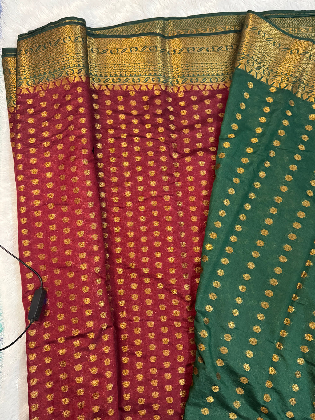 Deep Maroon & Bottle Green Gold Zari Semi-Banarasi Silk Blend Saree