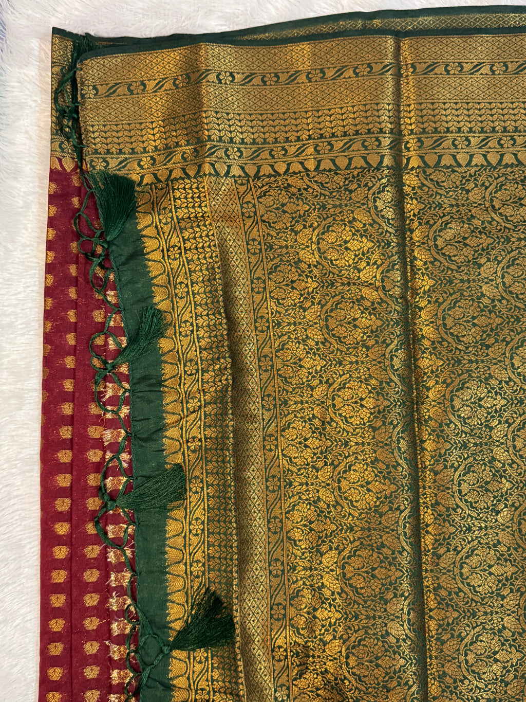 Deep Maroon & Bottle Green Gold Zari Semi-Banarasi Silk Blend Saree