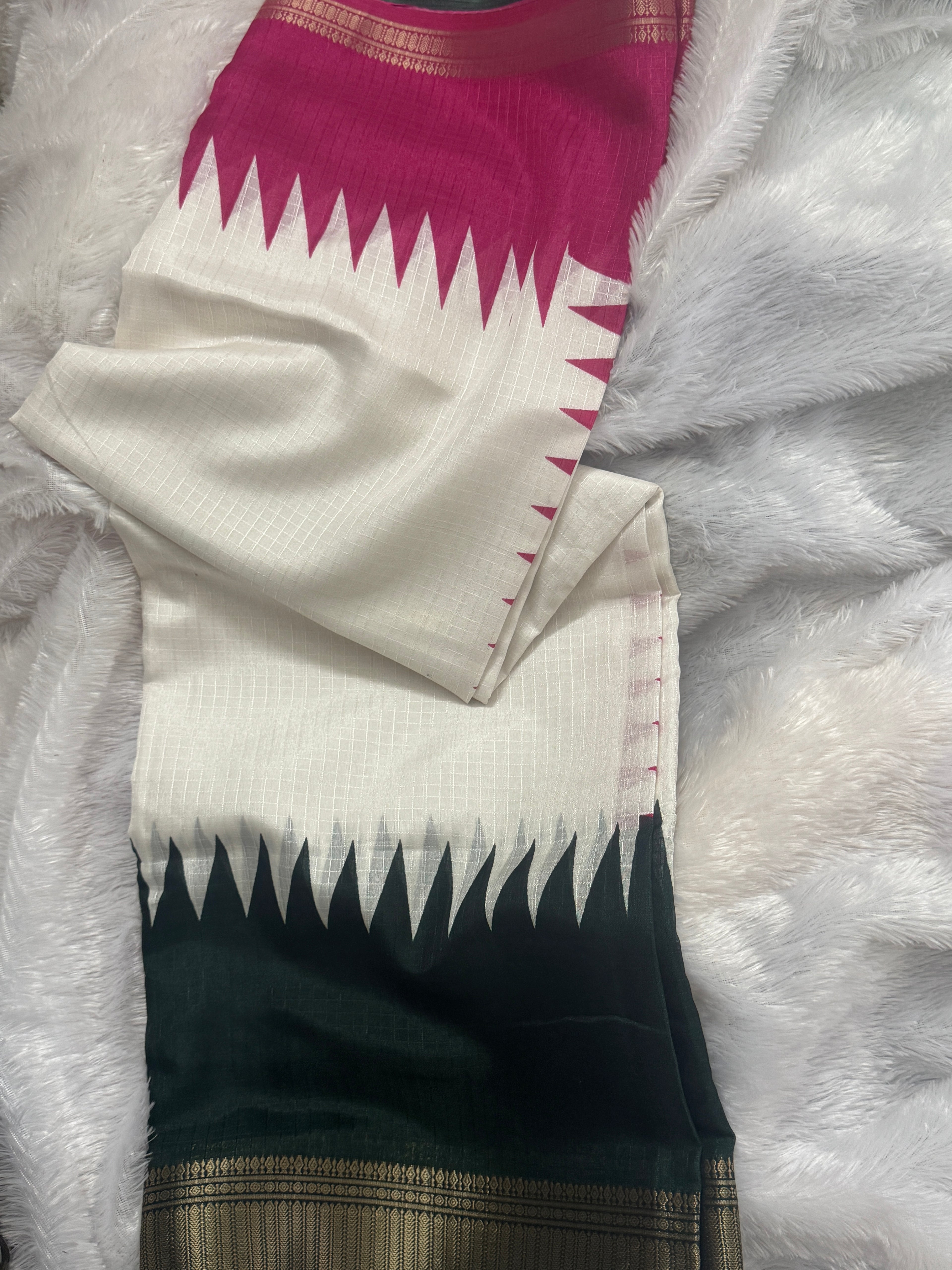 Tri-Color Contrast  Semi Silk Saree with Temple Sawtooth Design