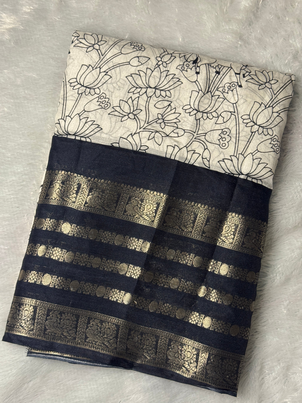 Ivory Moonlight & Jet Black Dola Silk Saree with Heritage Penkari Prints