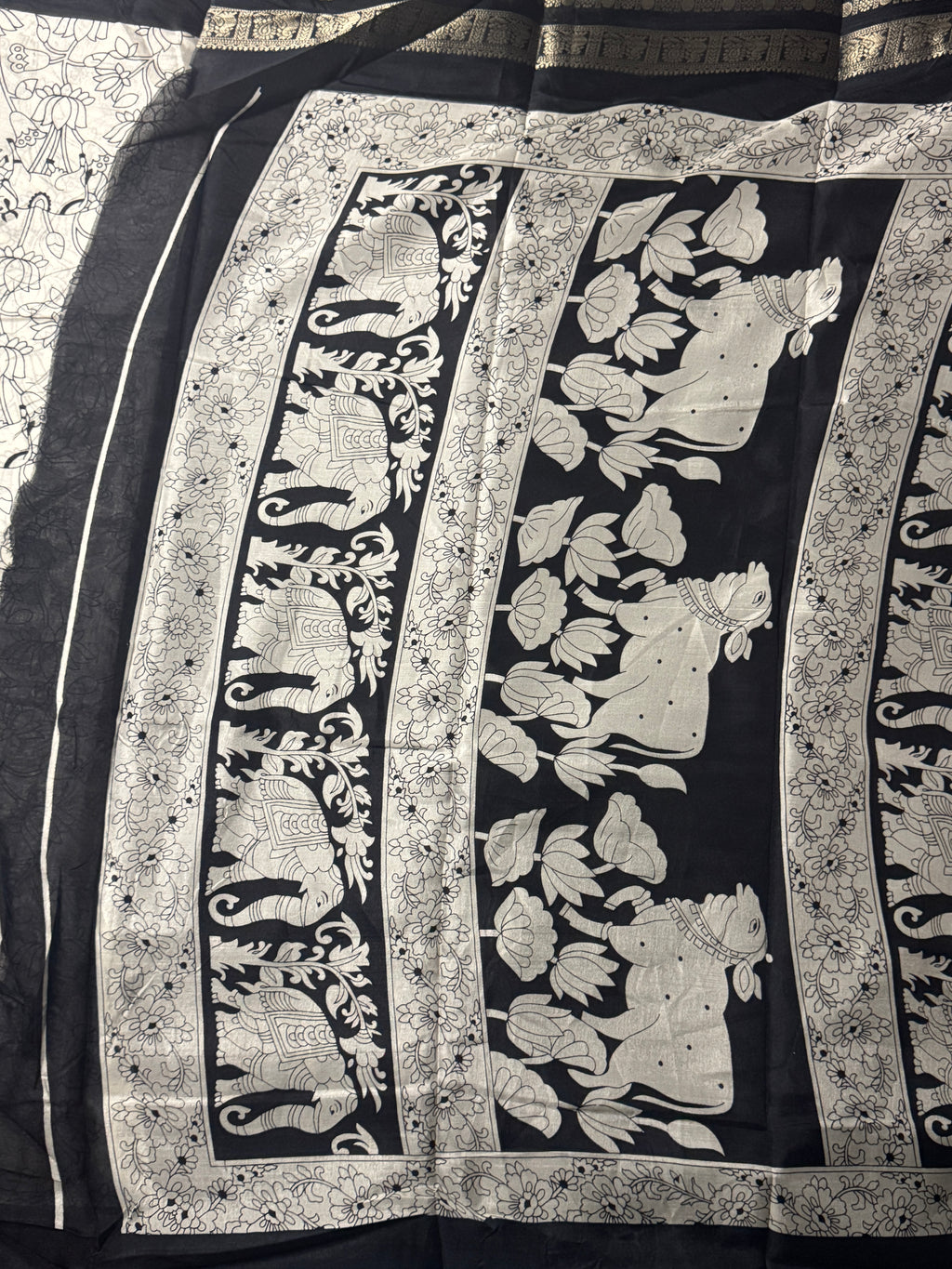 Ivory Moonlight & Jet Black Dola Silk Saree with Heritage Penkari Prints