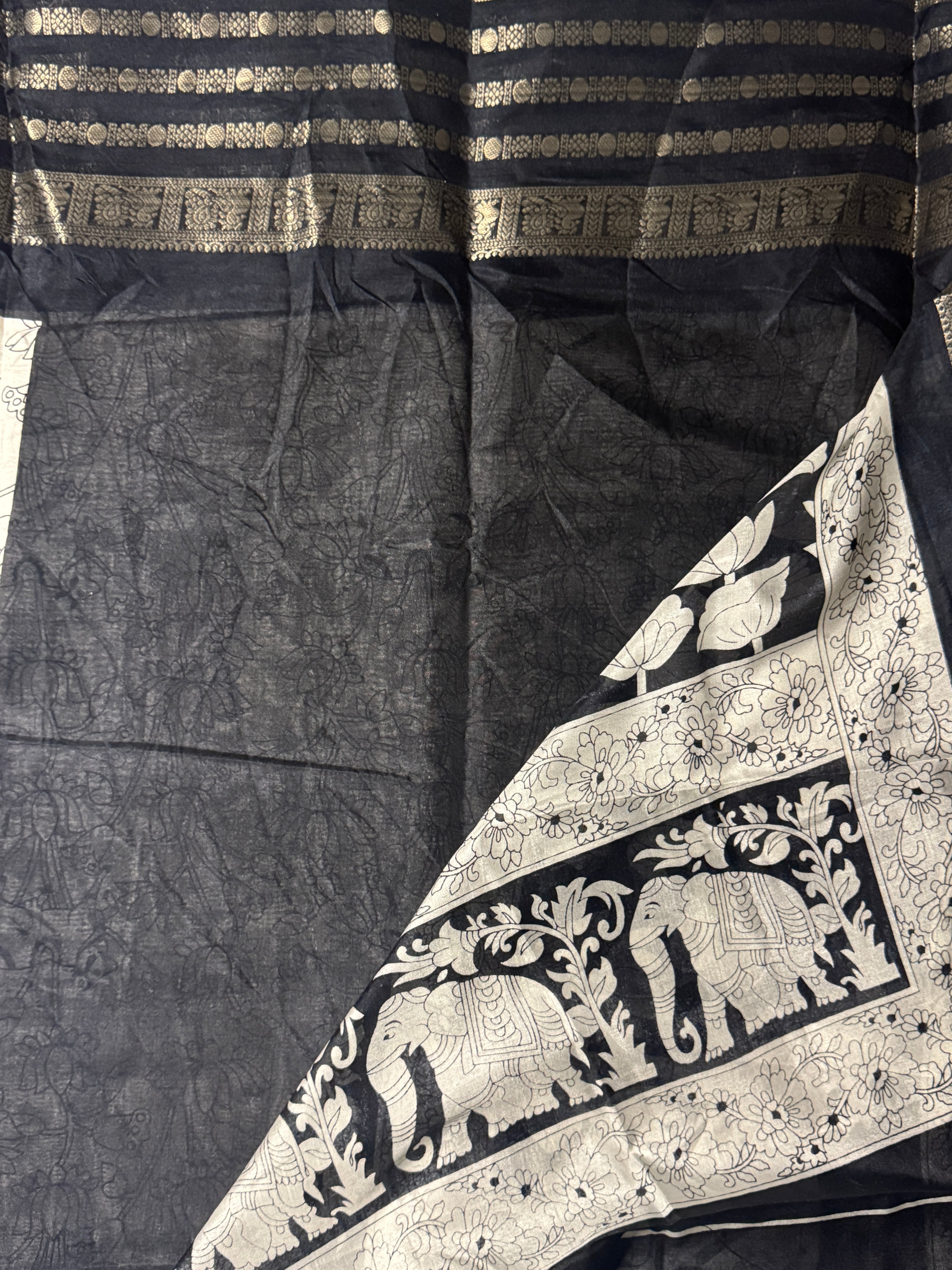 Ivory Moonlight & Jet Black Dola Silk Saree with Heritage Penkari Prints