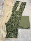 Artisanal Checked-Cotton Suit Set with Embroidered Lace Yoke & Delicate Net Dupatta