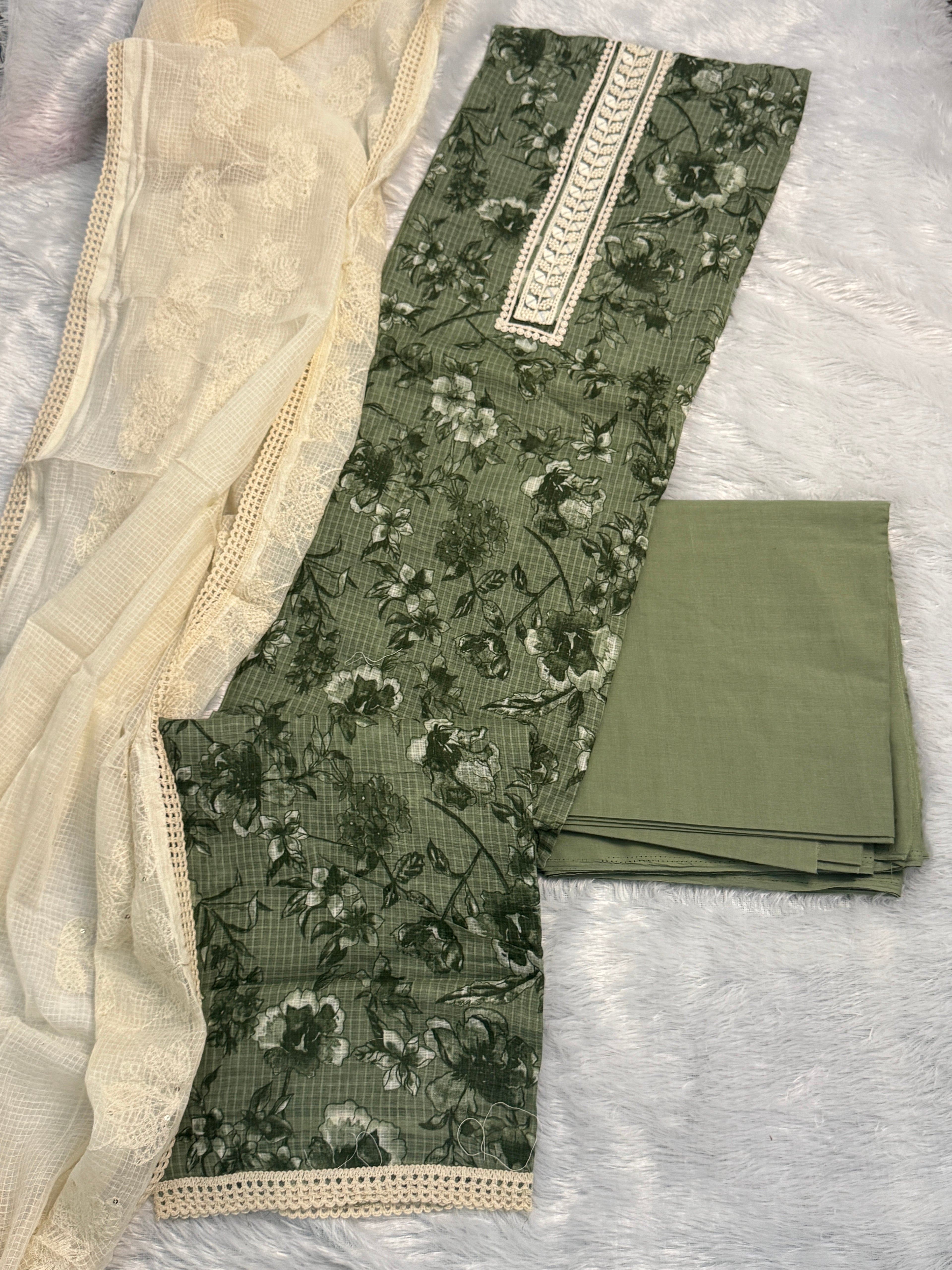 Artisanal Checked-Cotton Suit Set with Embroidered Lace Yoke & Delicate Net Dupatta