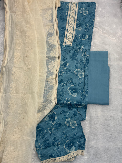 Artisanal Checked-Cotton Suit Set with Embroidered Lace Yoke & Delicate Net Dupatta