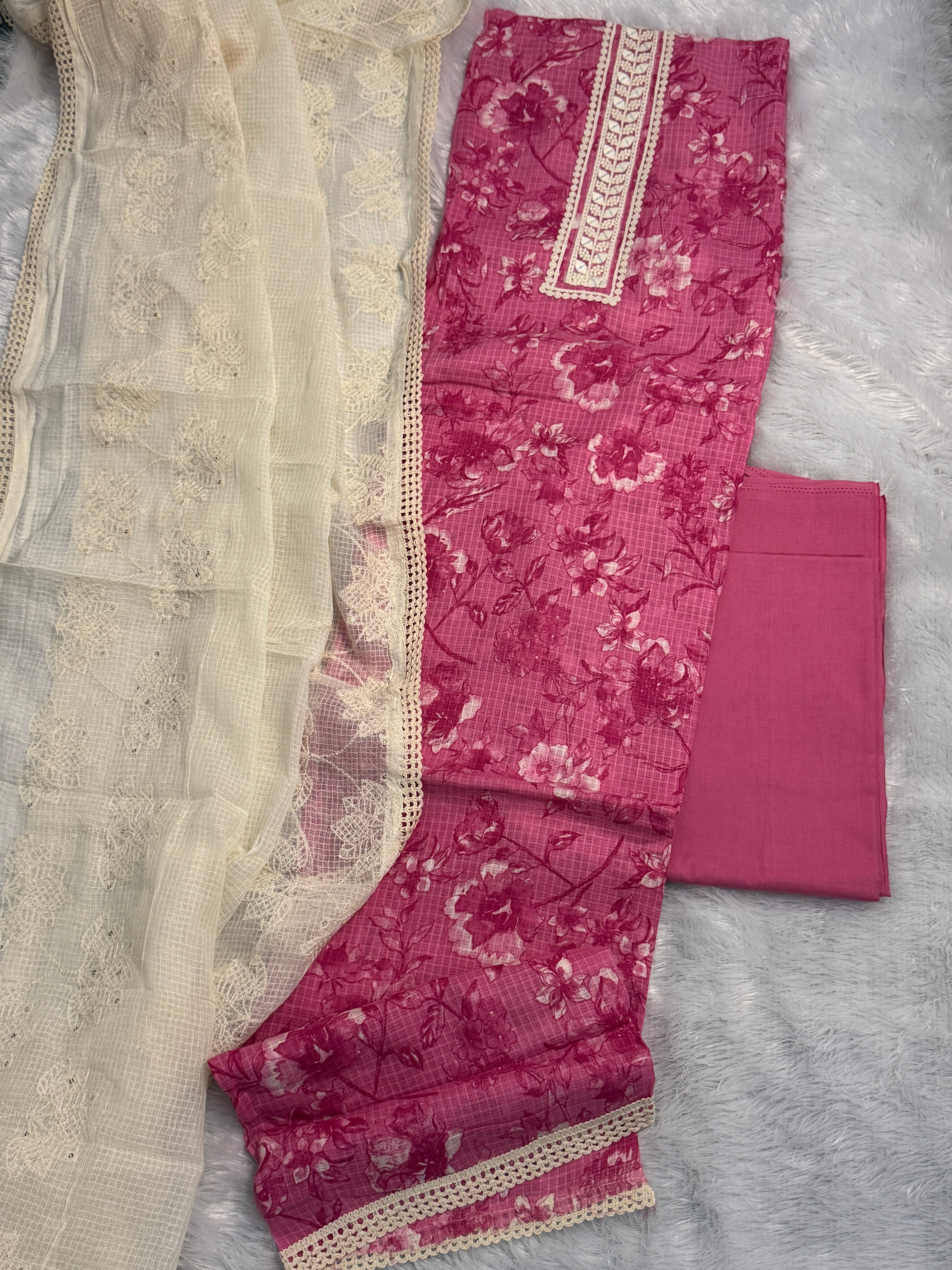 Artisanal Checked-Cotton Suit Set with Embroidered Lace Yoke & Delicate Net Dupatta