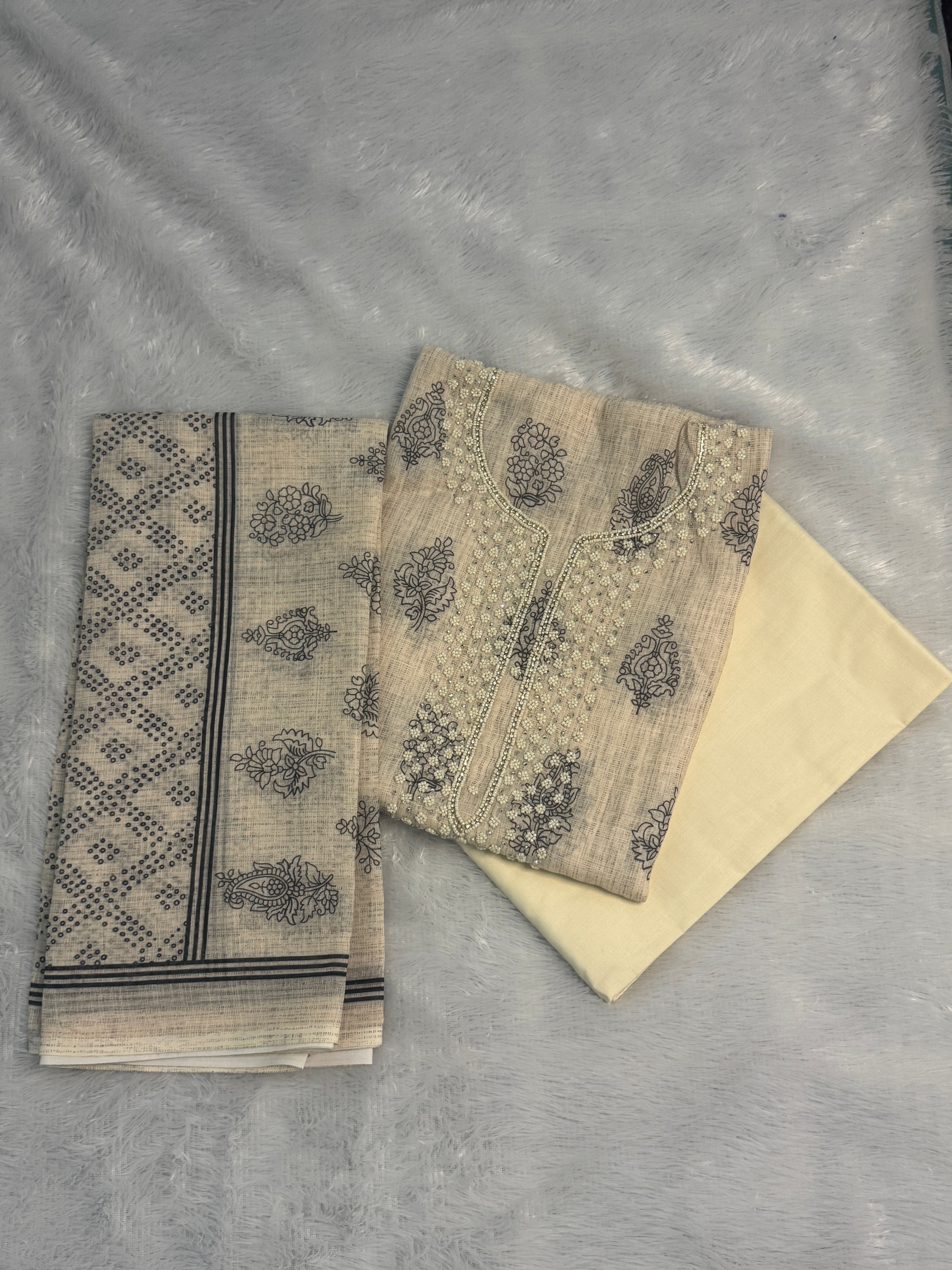 Artisanal Beige Linen Cotton Suit Set with Hand-Embroidered Yoke & Bandhani Dupatta