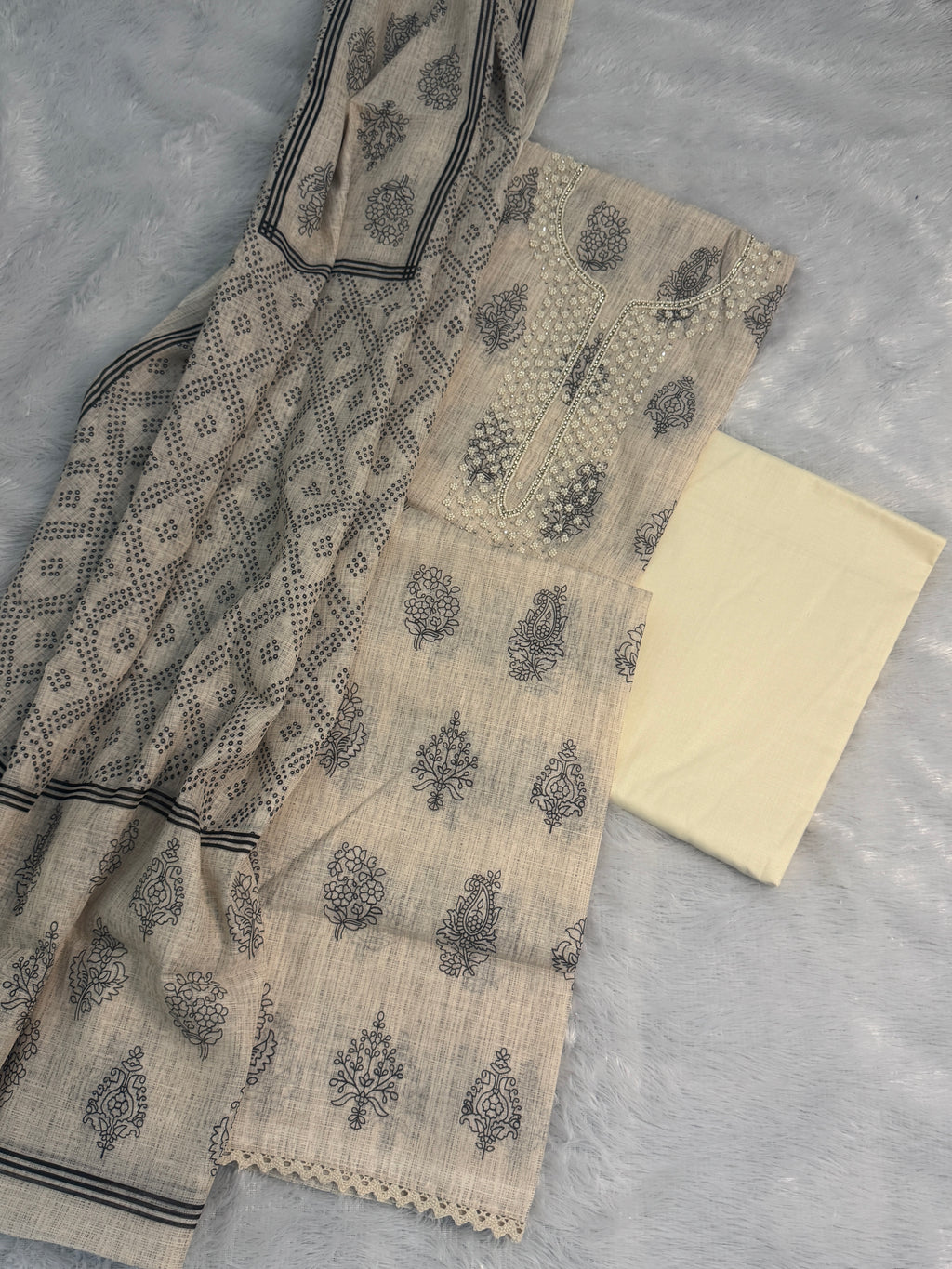 Artisanal Beige Linen Cotton Suit Set with Hand-Embroidered Yoke & Bandhani Dupatta
