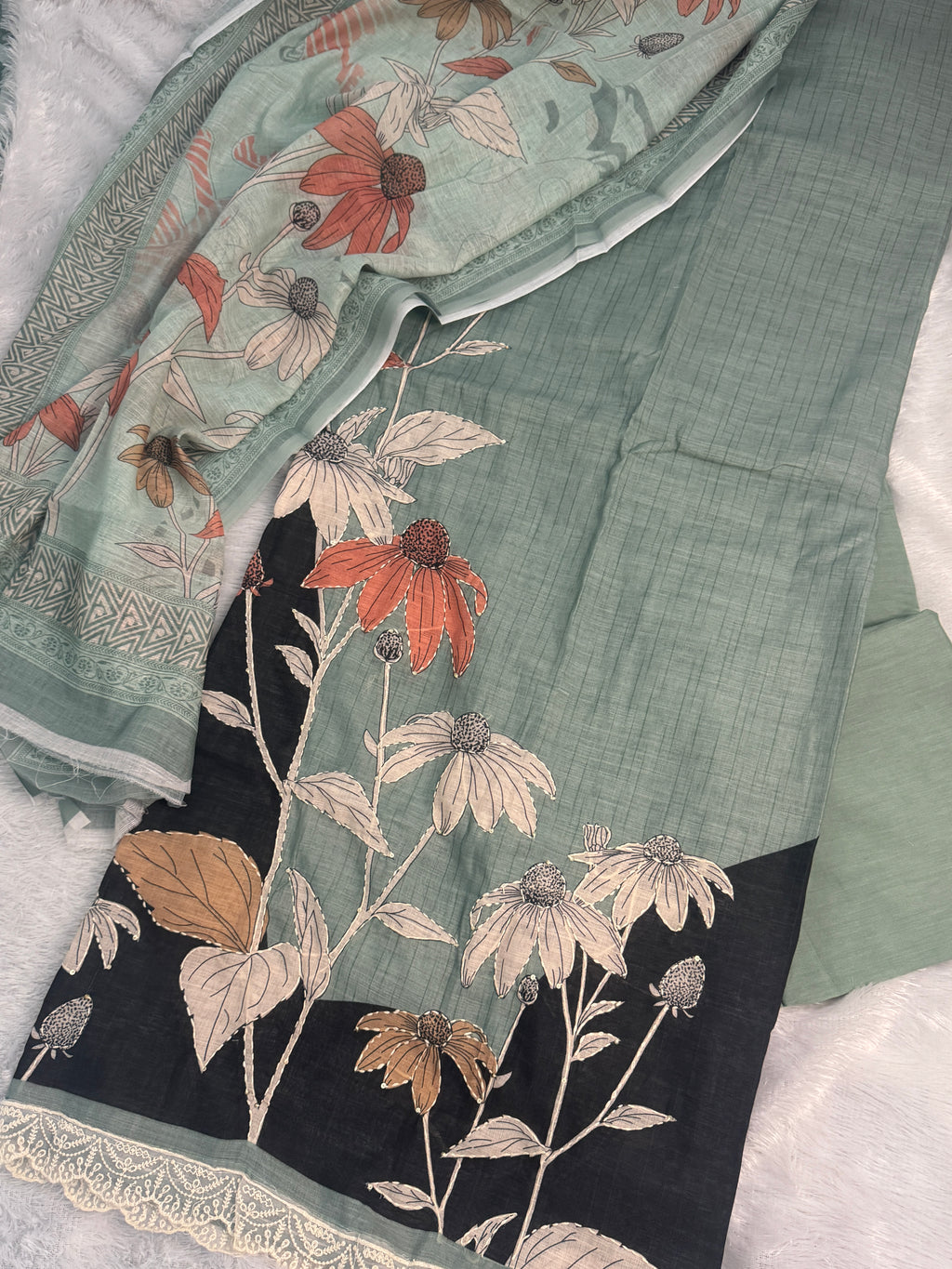 Sage Garden Premium Linen Cotton Suit Set with Bold Botanical Art & Delicate Lace Trim