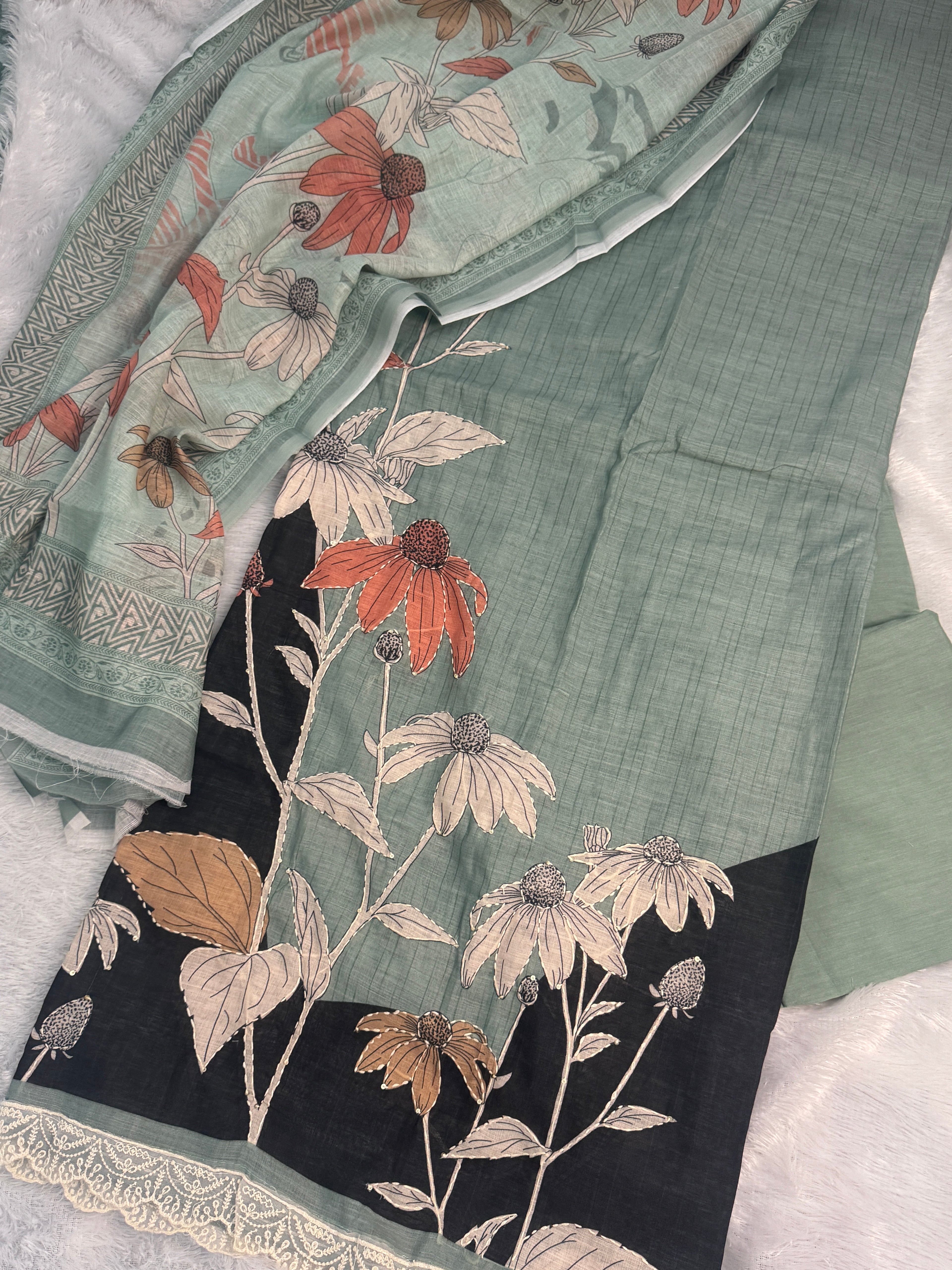 Sage Garden Premium Linen Cotton Suit Set with Bold Botanical Art & Delicate Lace Trim