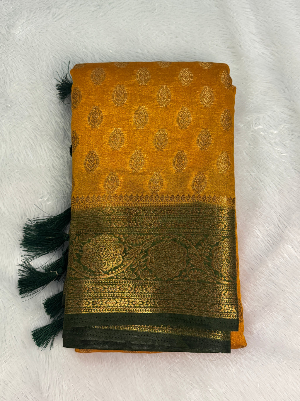 Mustard Gold &amp; Contrast Bottle Green Semi-Banarasi Silk Blend Saree