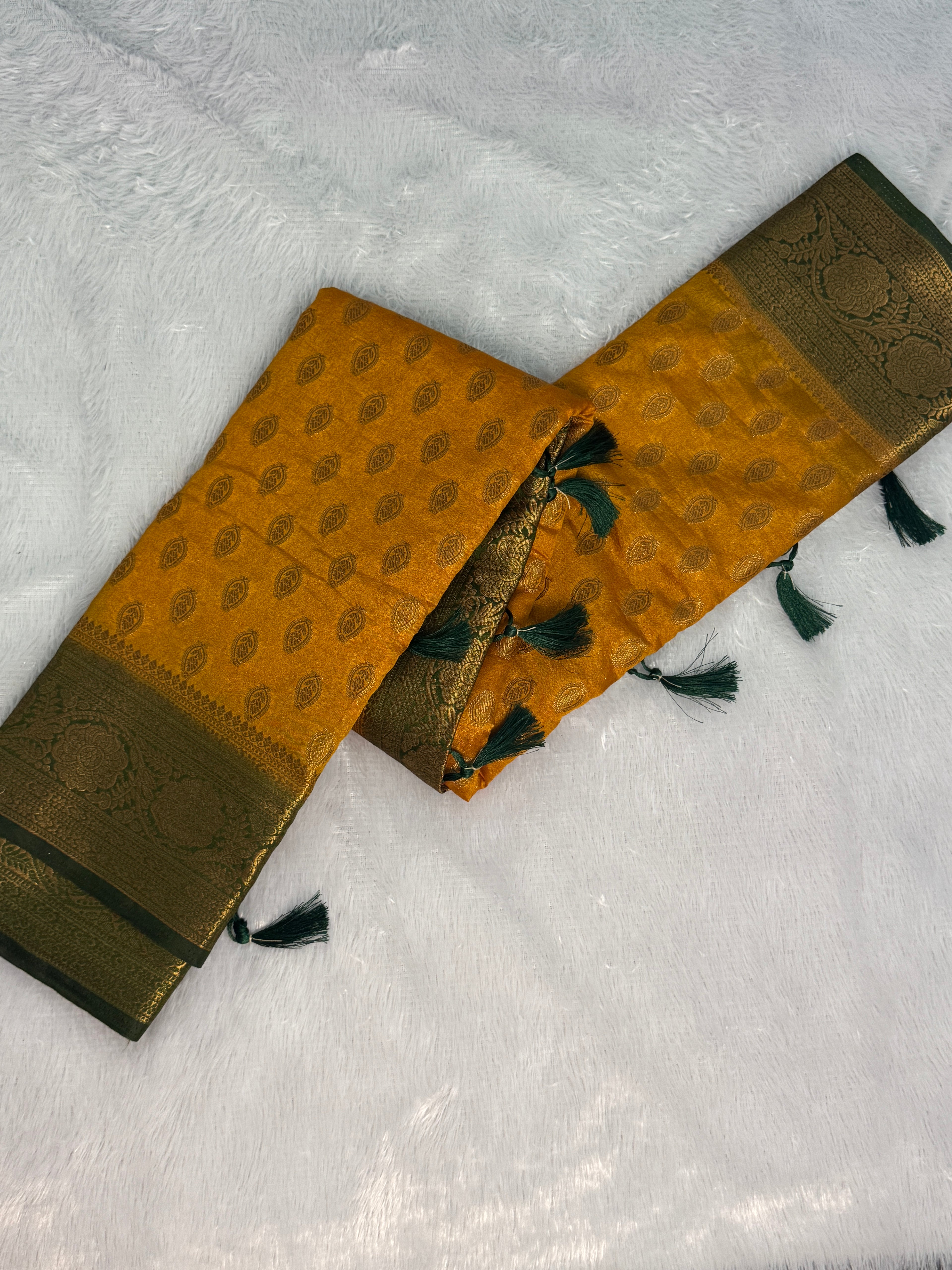 Mustard Gold &amp; Contrast Bottle Green Semi-Banarasi Silk Blend Saree