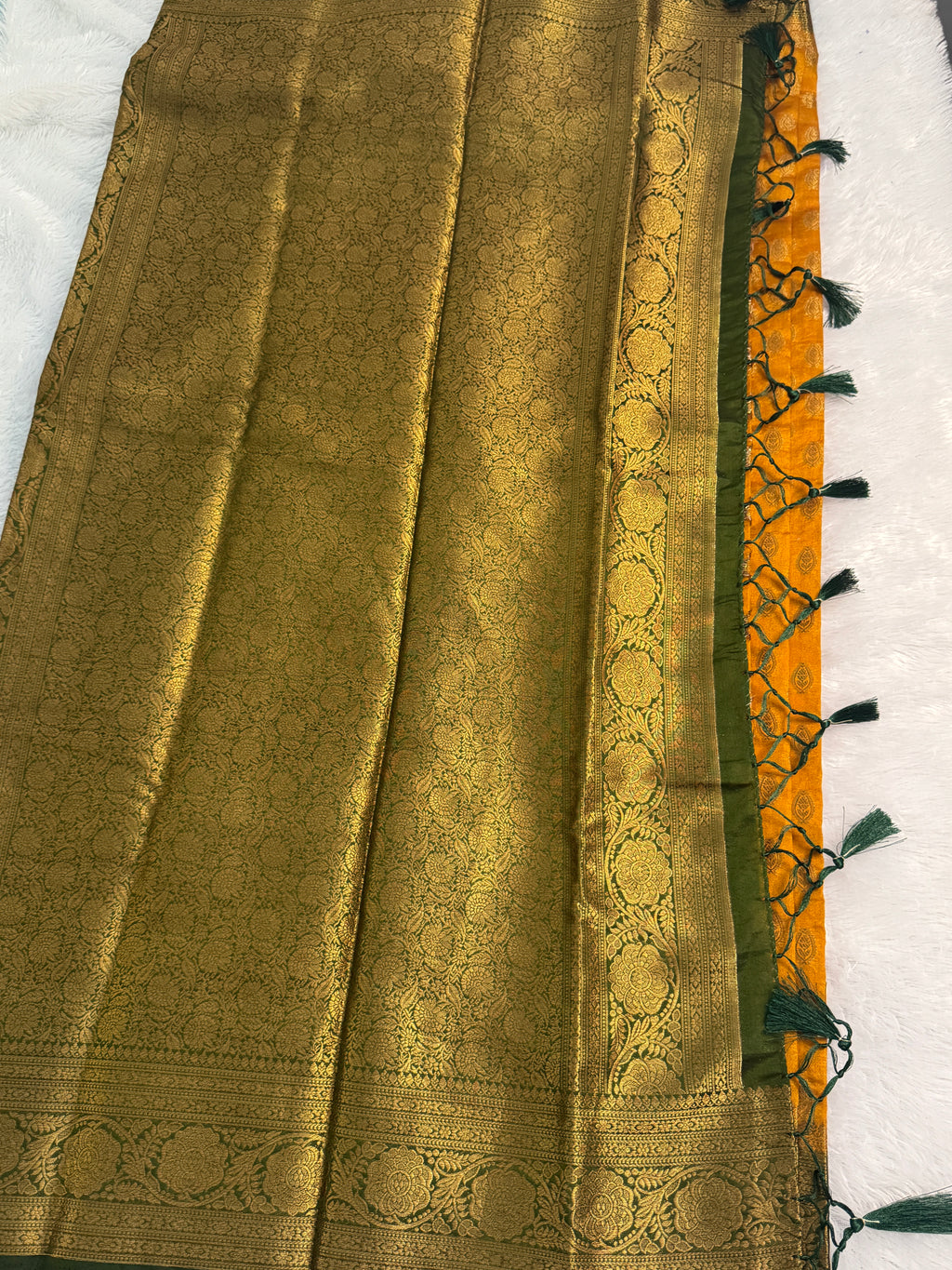 Mustard Gold &amp; Contrast Bottle Green Semi-Banarasi Silk Blend Saree
