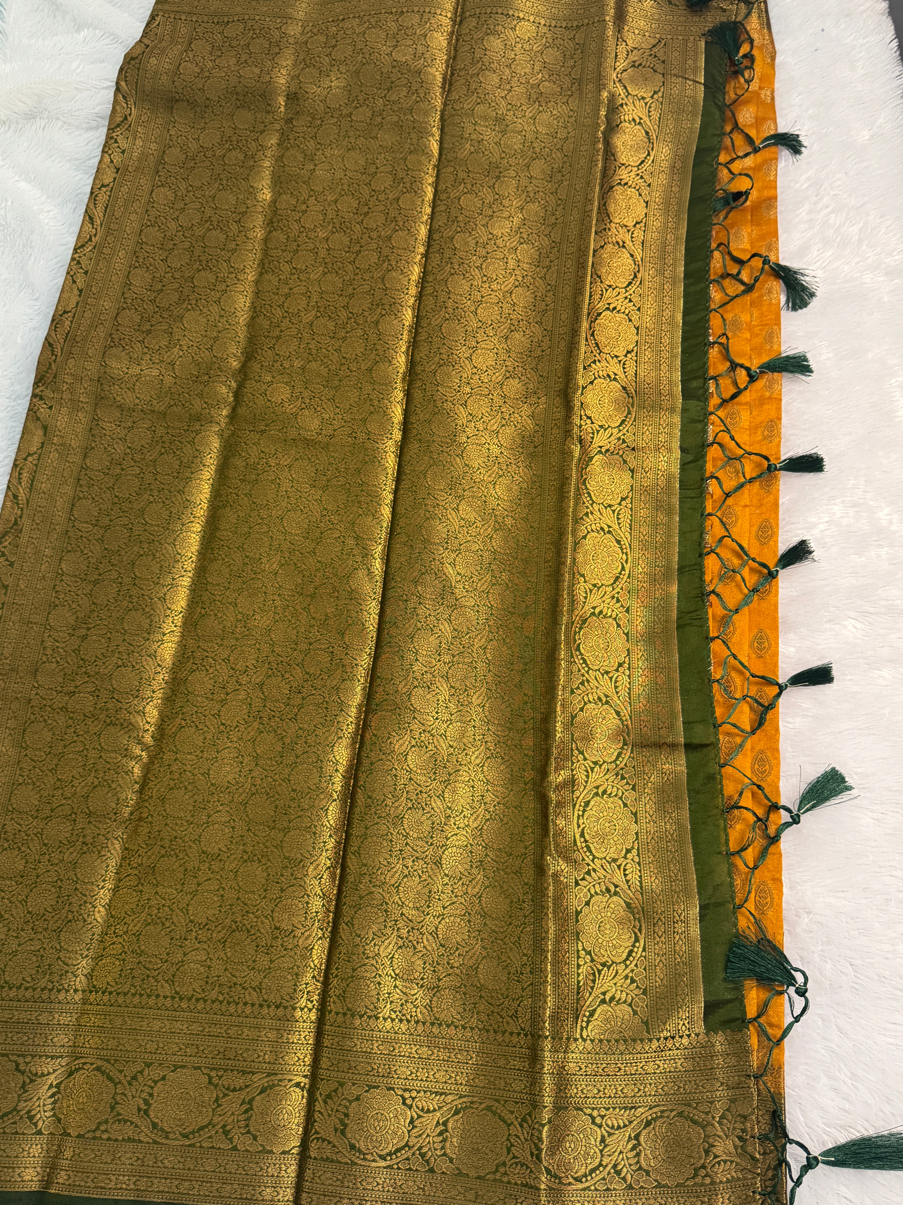 Mustard Gold &amp; Contrast Bottle Green Semi-Banarasi Silk Blend Saree