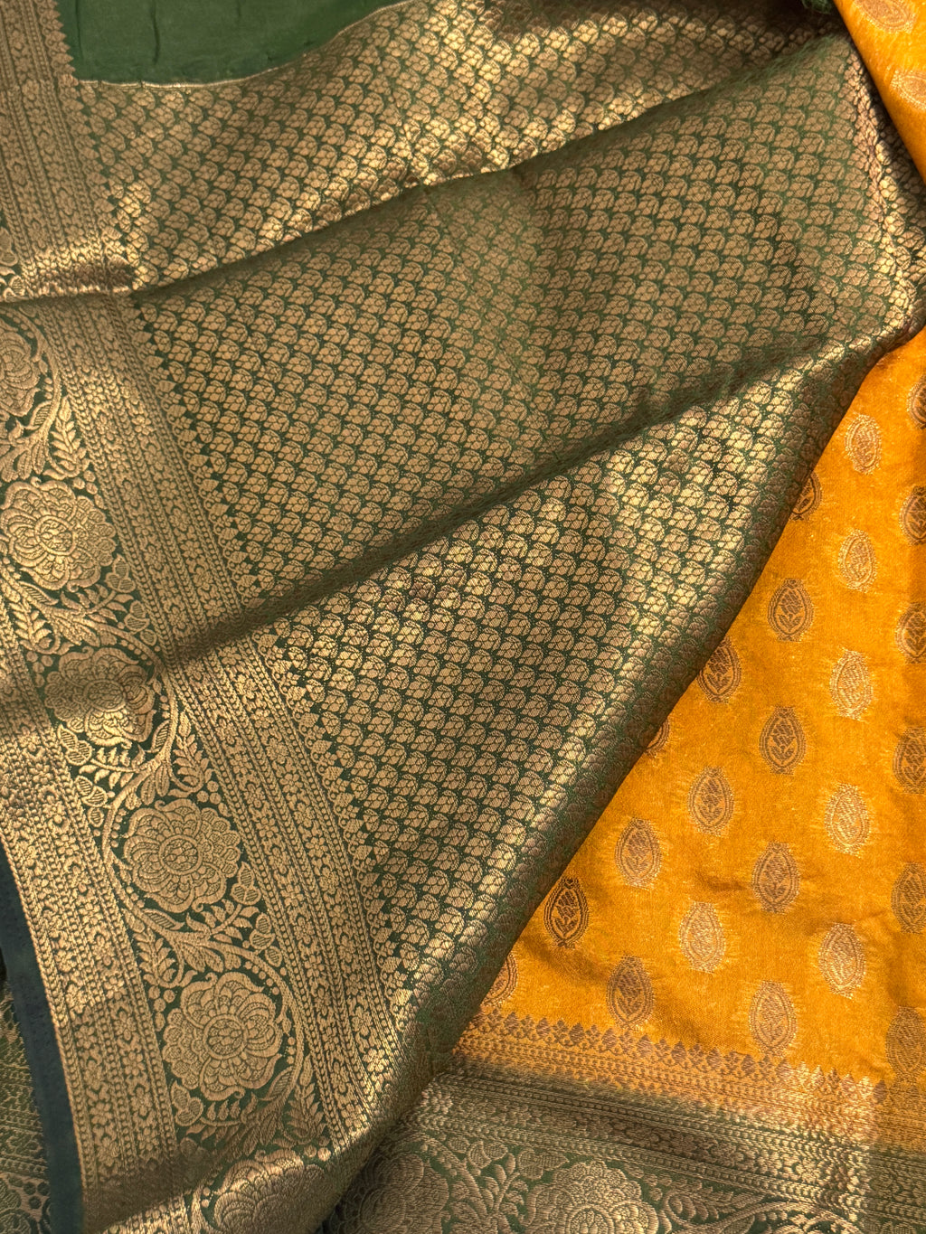 Mustard Gold &amp; Contrast Bottle Green Semi-Banarasi Silk Blend Saree