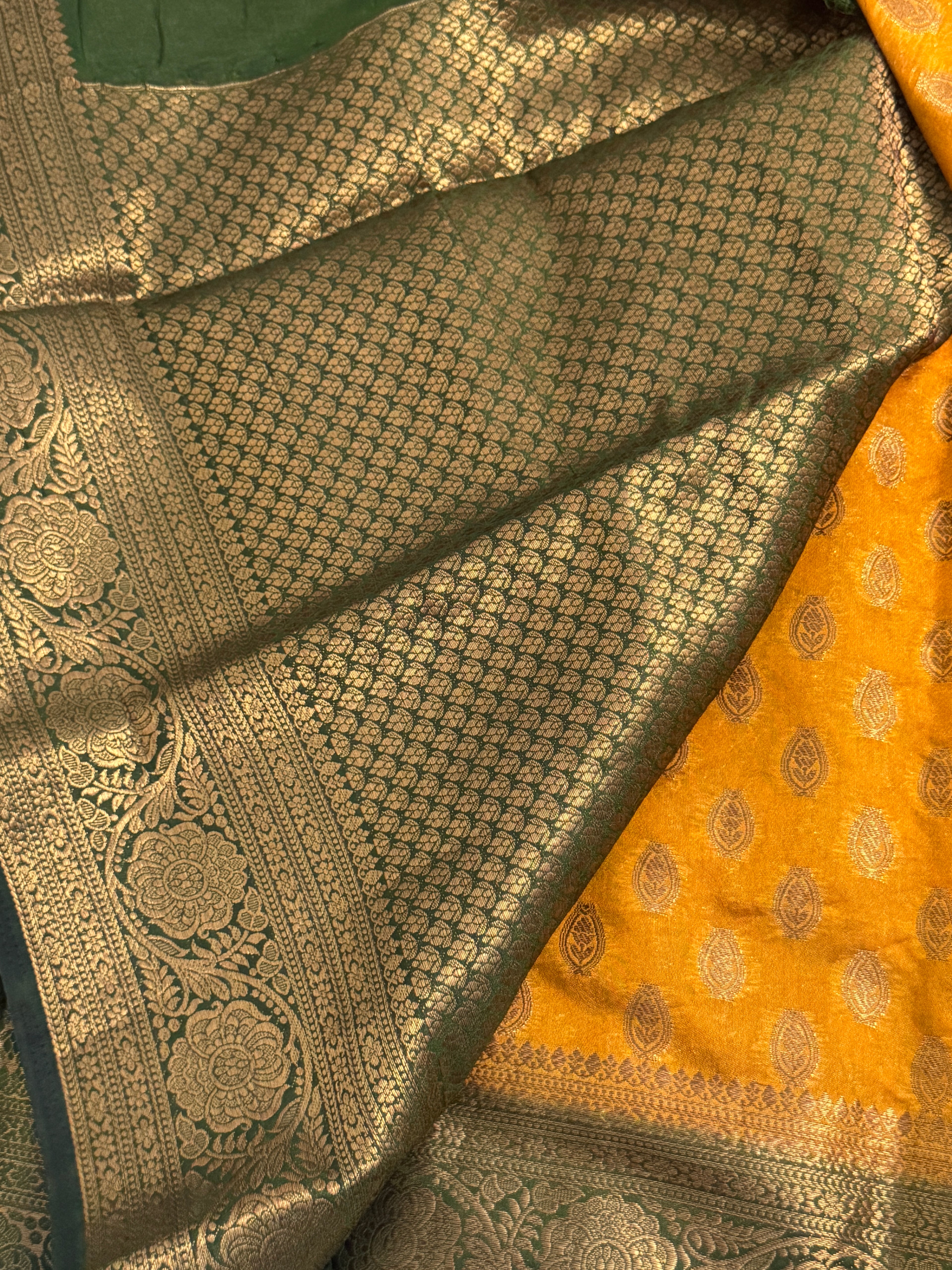 Mustard Gold &amp; Contrast Bottle Green Semi-Banarasi Silk Blend Saree