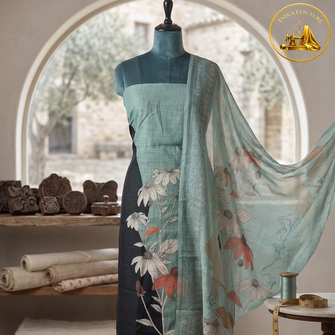 Sage Garden Premium Linen Cotton Suit Set with Bold Botanical Art & Delicate Lace Trim
