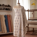 Artisanal Beige Linen Cotton Suit Set with Hand-Embroidered Yoke & Bandhani Dupatta