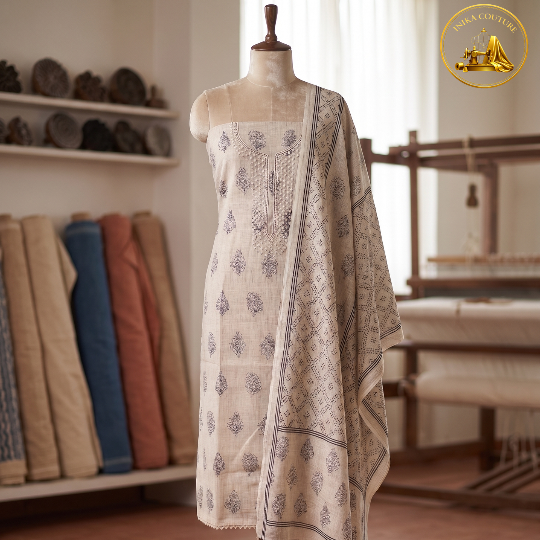 Artisanal Beige Linen Cotton Suit Set with Hand-Embroidered Yoke & Bandhani Dupatta