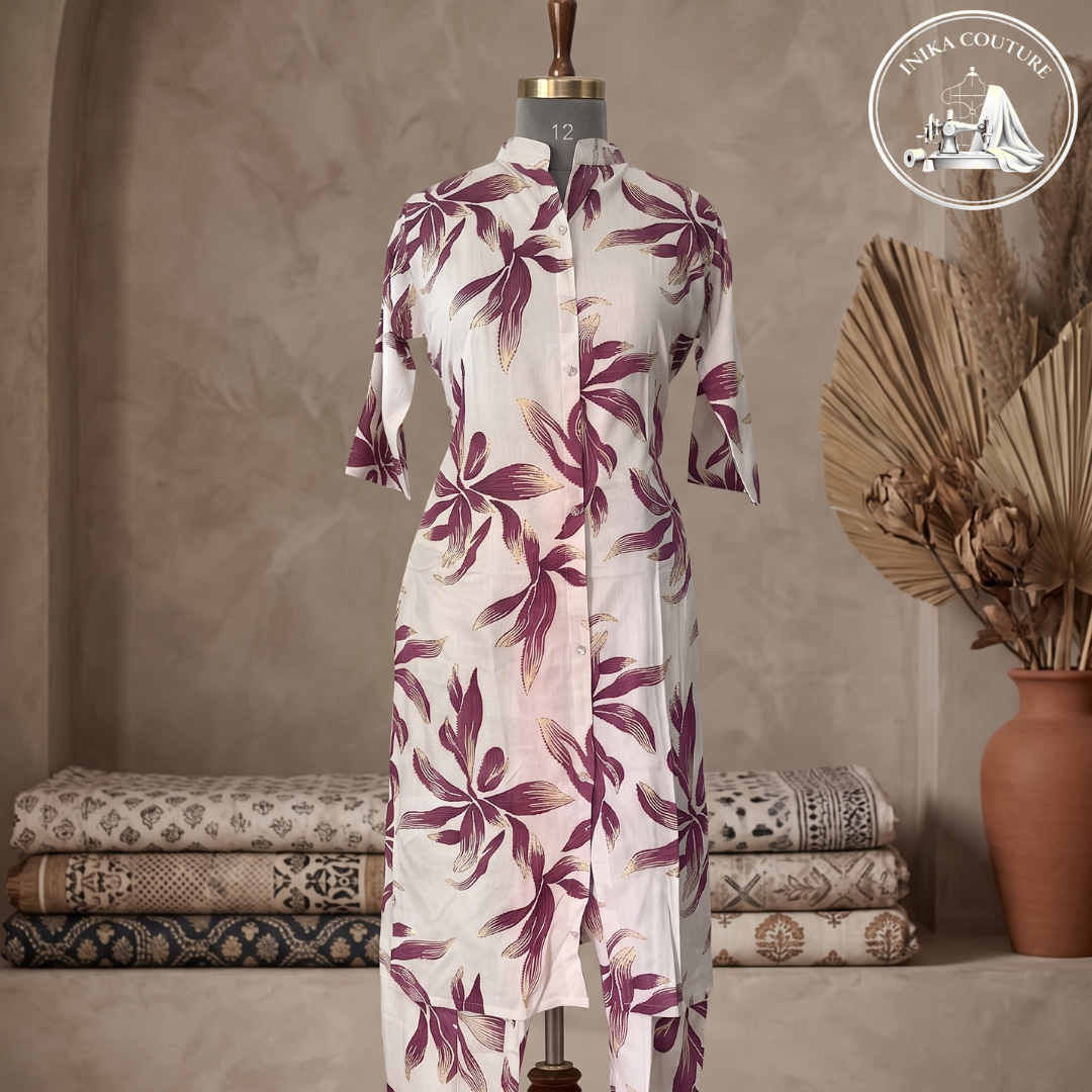 Premium Rayon Leaf Print Co-ord Set with Subtle Gold Highlights