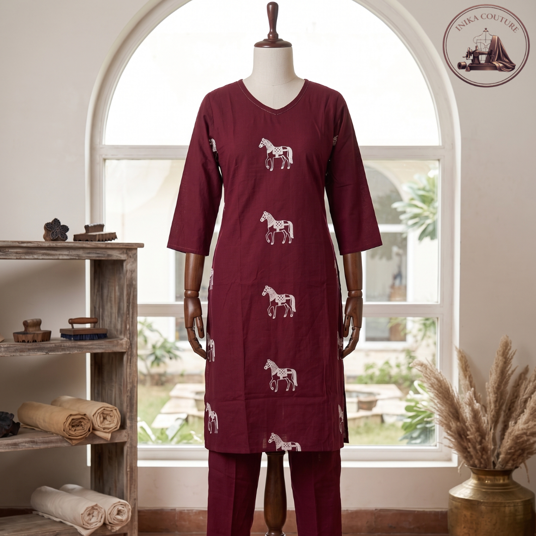 Maroon Majesty Silk Blend Co-ord Set with Heritage Horse Motifs