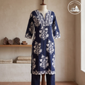 Indigo Serenity Pure Cotton Co-ord Set with Elaborate Floral Block Prints & Embroidered Trim