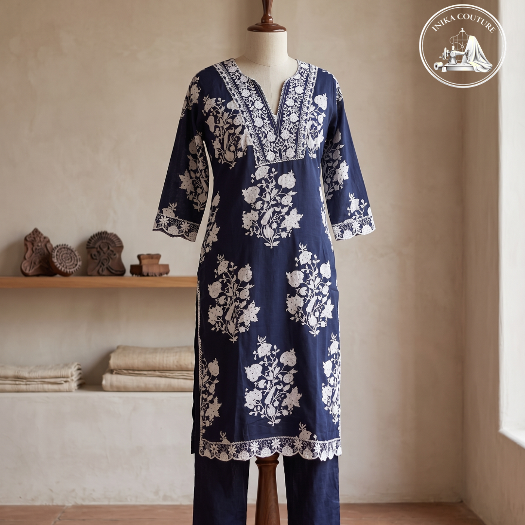 Indigo Serenity Pure Cotton Co-ord Set with Elaborate Floral Block Prints & Embroidered Trim