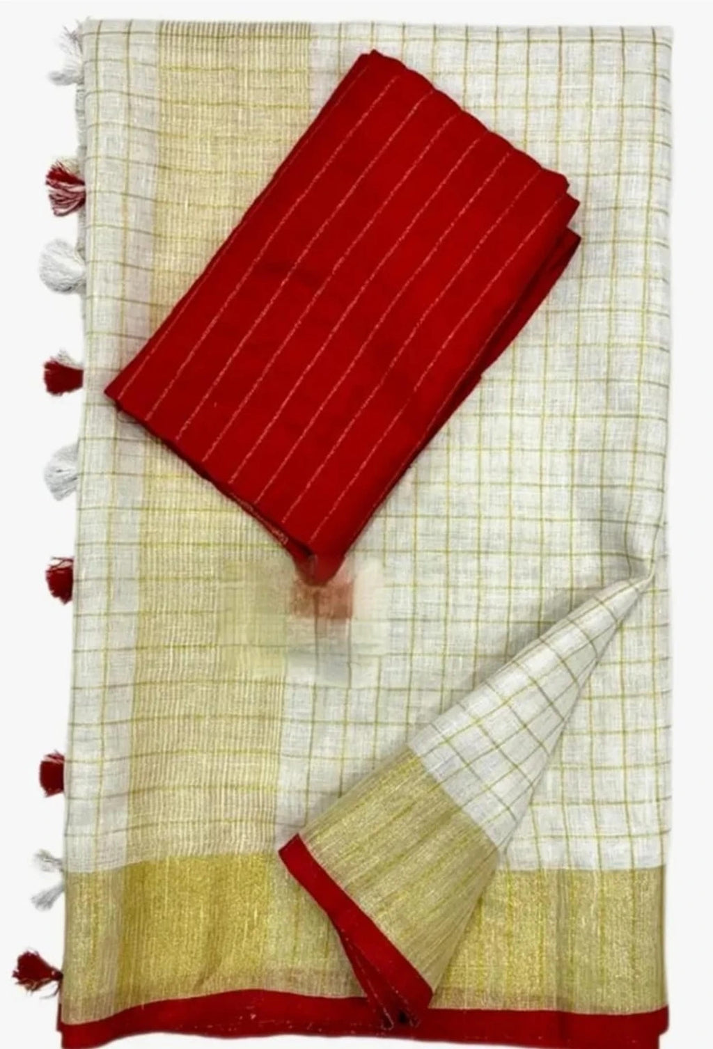 Ivory Grid Linen Cotton Kerala Saree with Rich Golden Zari & Crimson Piping